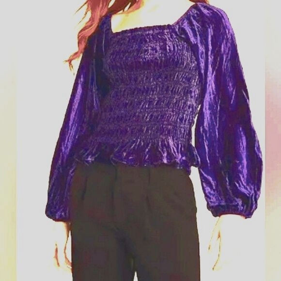 Maurices Purple Velvet Smocked Crop-top, Long Blouson Sleeves, Size Large - Picture 2 of 8